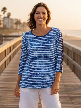 Ethyl XXL Top Blue Tie Dye Cut Out Sleeve Coastal Casual Beach Preppy Resort Mod